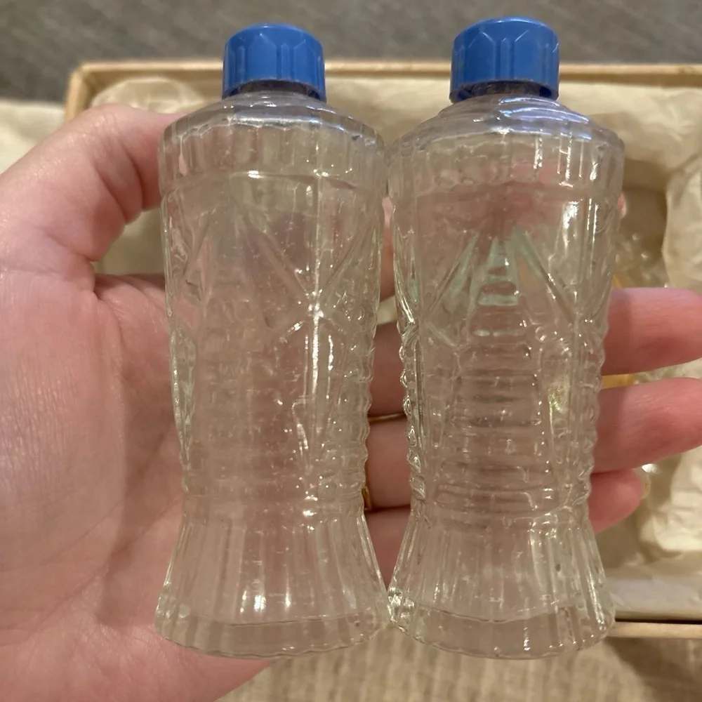 Vintage Vanity Powder Set Glass Decantes & Powder Jar with Blue Rose Design
